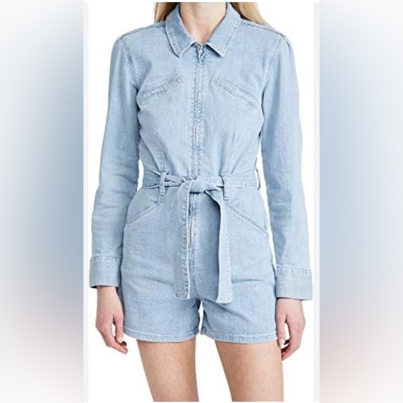 PAIGE Women's Jemma Puff Sleeve Denim Romper Size 0 🦋🦋🦋 - Picture 2 of 10